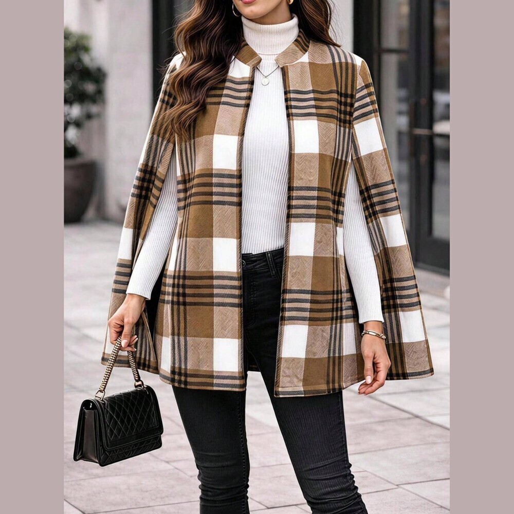 Tan Plaid Cape Coat with Stand Collar